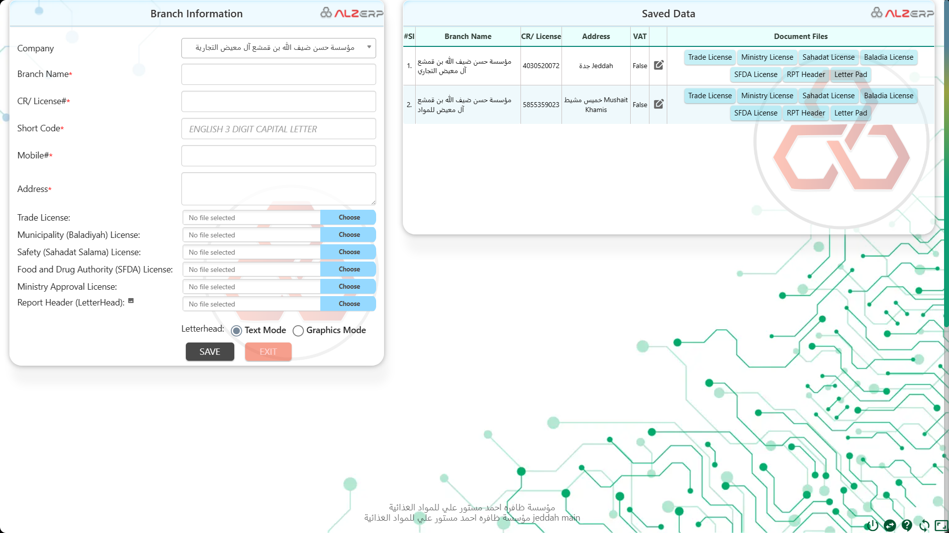 Branch Management module in ALZERP software