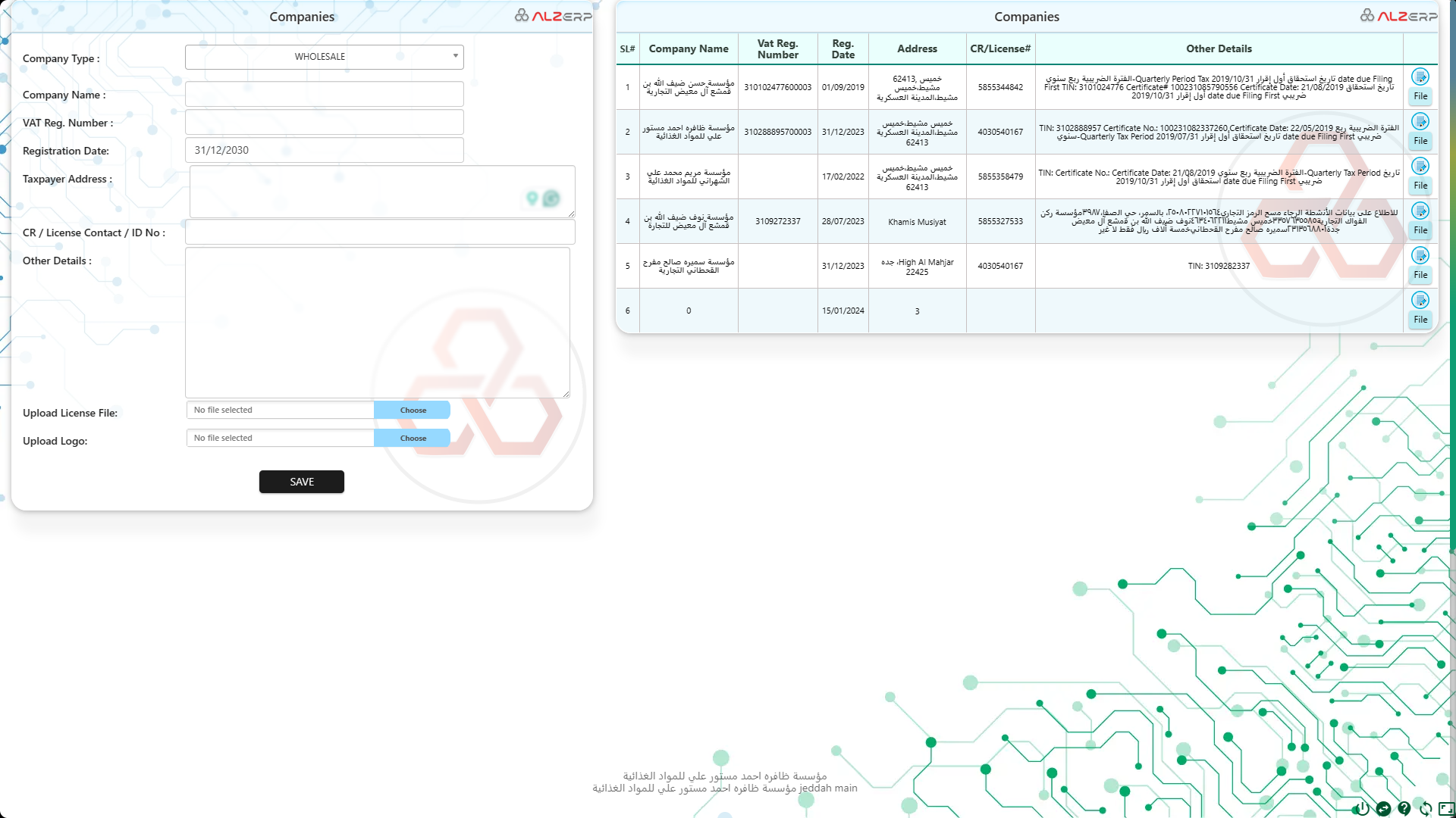 VAT Company info in ALZERP