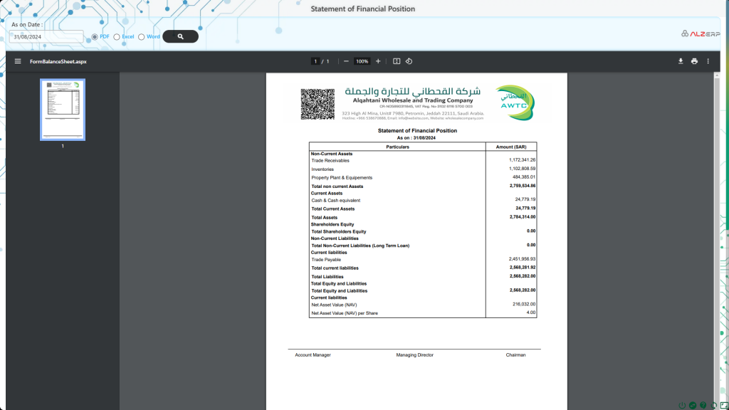 Balance Sheet in ALZERP Cloud ERP Software