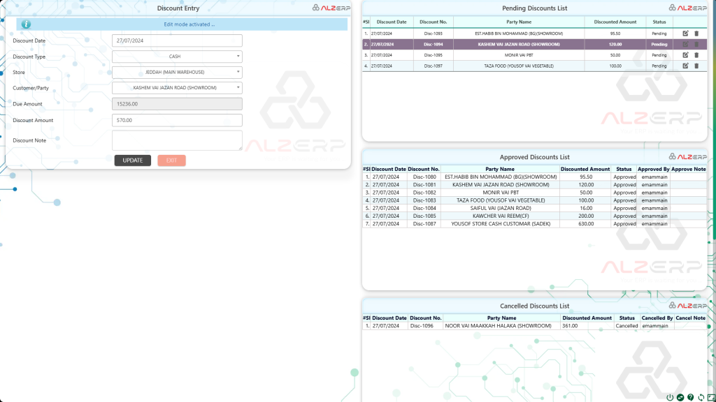 Discount Apply Form in ALZERP Cloud ERP software