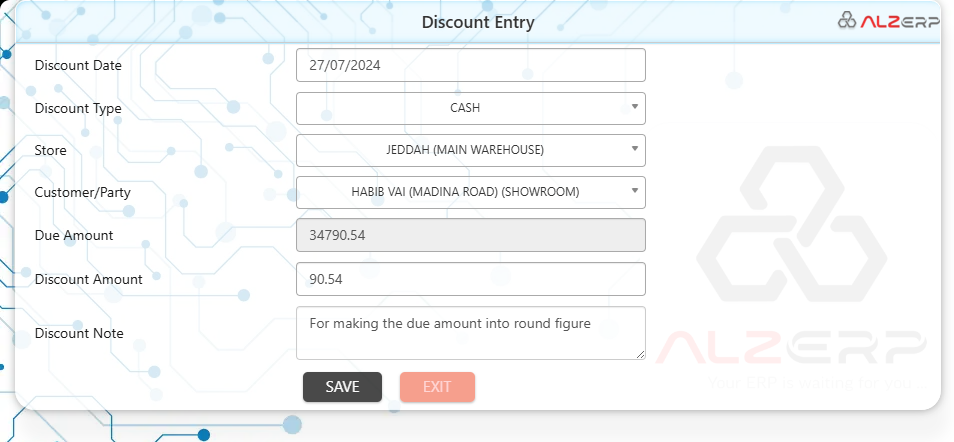 Discount Apply Form in ALZERP Cloud ERP software