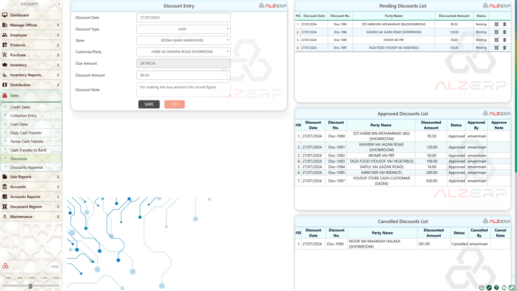 Discount Apply Form in ALZERP Cloud ERP software