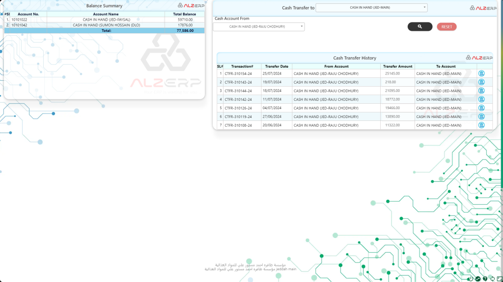 Cash Transfer in ALZERP Cloud ERP Software