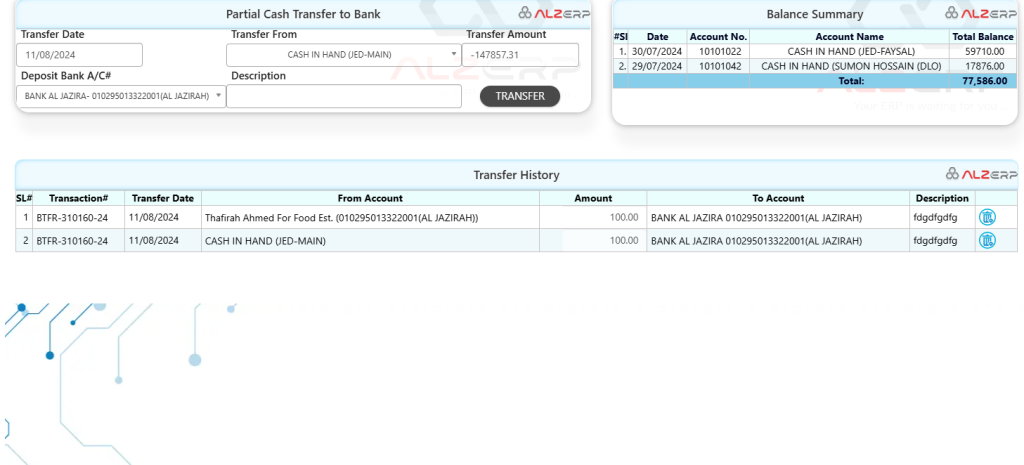 Cash Transfer to Bank Accounts in ALZERP Cloud ERP Software