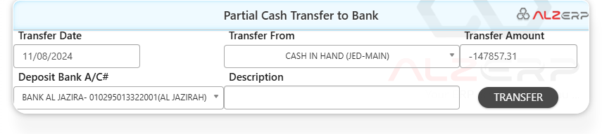 Cash Transfer to Bank Accounts in ALZERP Cloud ERP Software