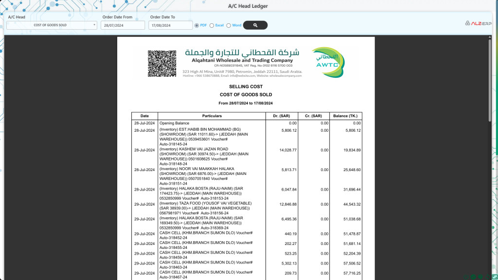 Accounts Head Ledger in ALZERP Cloud ERP Software