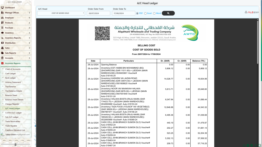 Accounts Head Ledger in ALZERP Cloud ERP Software