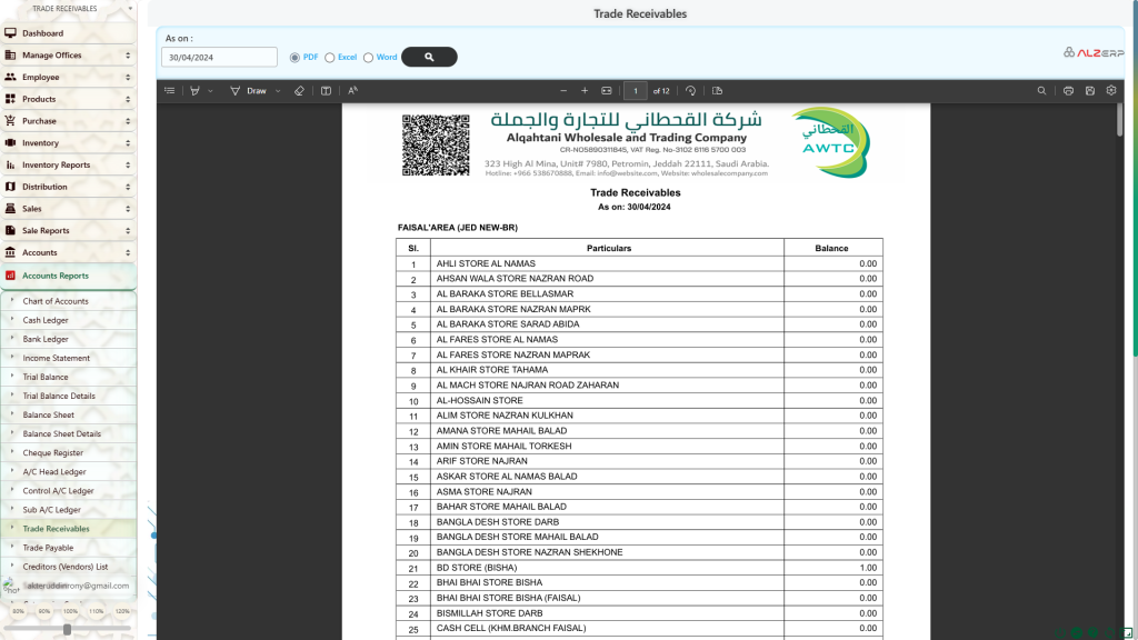 Trade Receivables Report in ALZERP