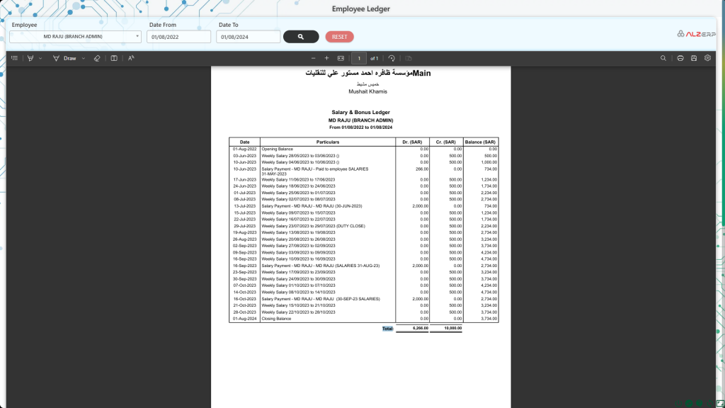 Employee Ledger Report in ALZERP Cloud ERP software