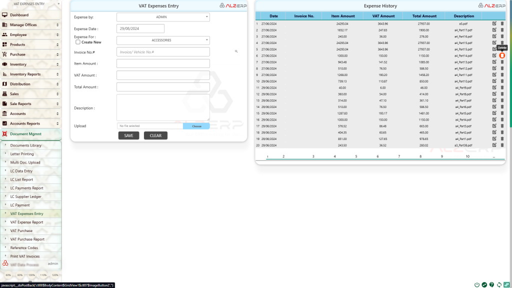 VAT Paid Expenses Posting in ALZERP Cloud ERP Software