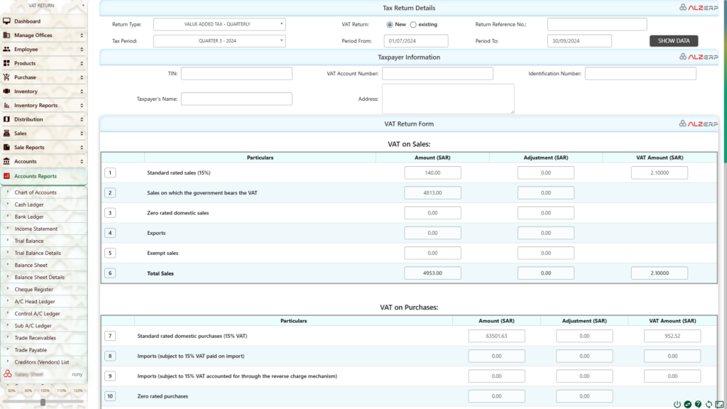 VAT & Tax Return System in ALZERP Cloud ERP Software