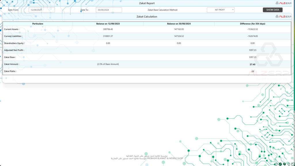 Zakat Calculation Report in ALZERP Cloud ERP Software