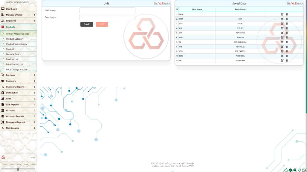 The Unit of Measurement (UOM) Setup feature in ALZERP Cloud ERP software