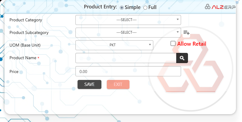 Simple Products Entry System in ALZERP 