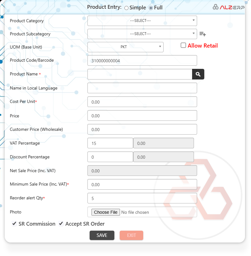 Detailed/ Full Products Entry System in ALZERP 