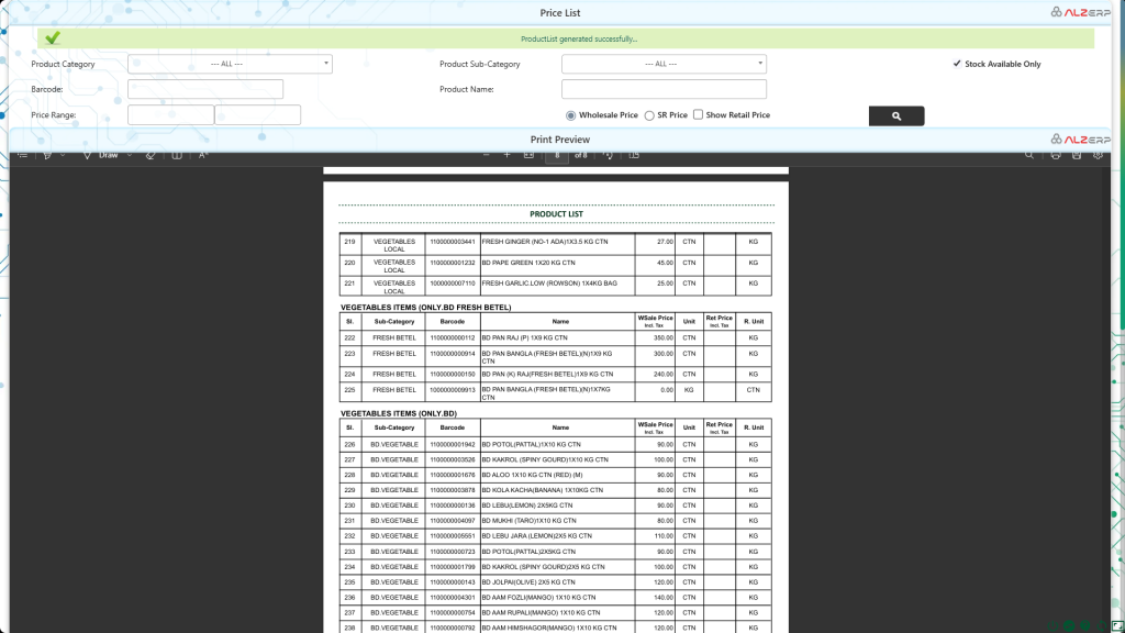 Product Catalog (Price List) to Print Product List feature in ALZERP Cloud ERP software