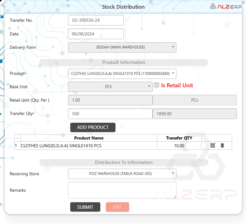 Stock Distribution (Warehouse to Warehouse Transfer)