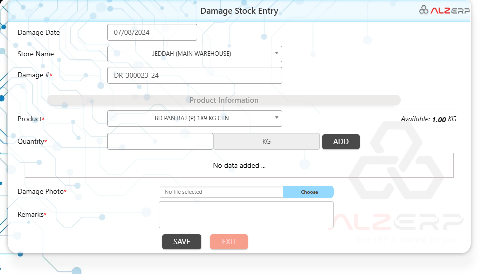 Damage Stock Entry system in ALZERP wholesale management cloud ERP software