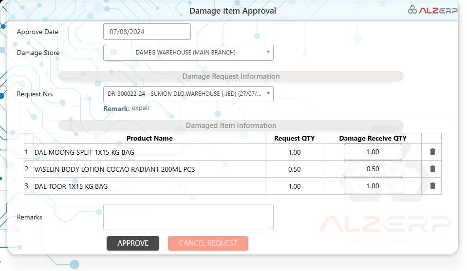 Damage Stock Approval in ALZERP is designed to authorize damage stock entries