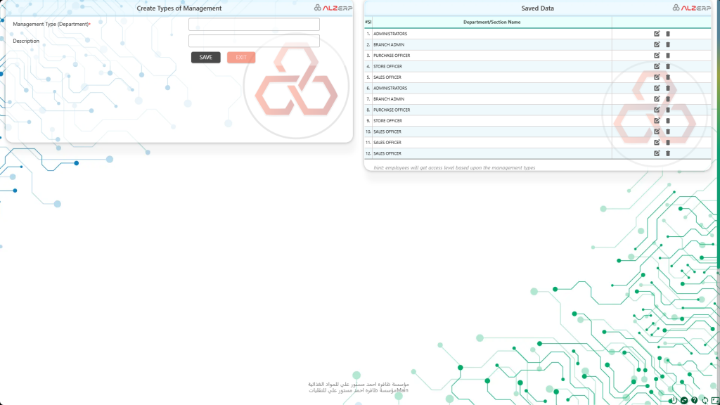 Company Departments (Employee Segment by Management Type) in ALZERP Cloud ERP Software
