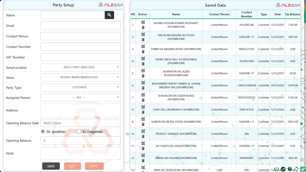 Party Setup Form: Customers, Suppliers, Customs Agents & Other Vendors in ALZERP Cloud ERP Software
