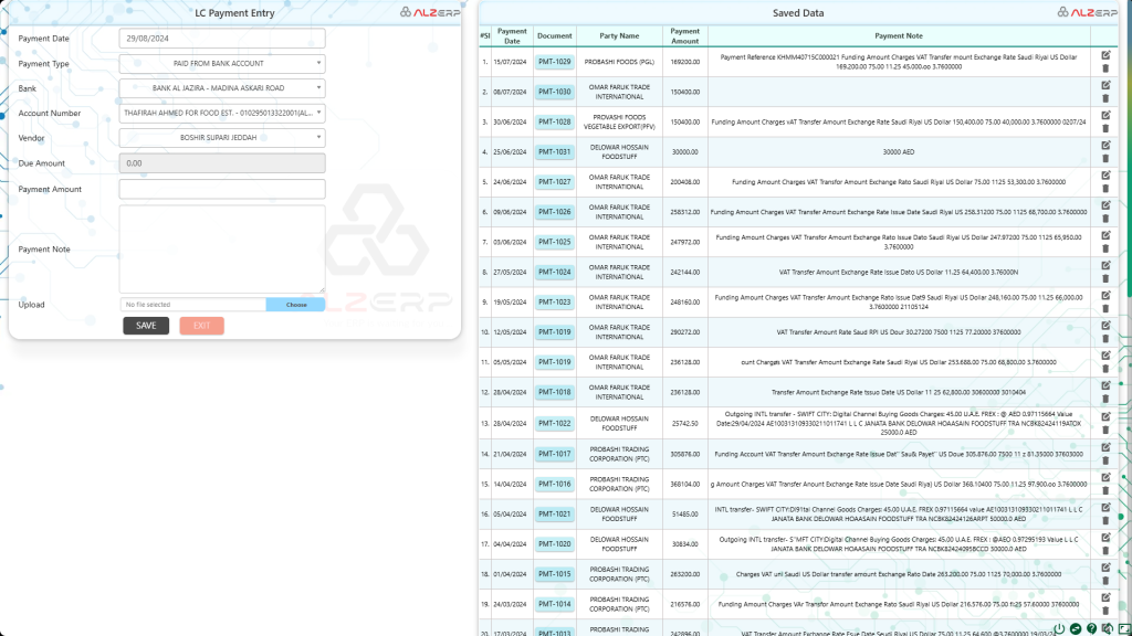 LC Payment Entry tool for VAT and tax management features in ALZERP